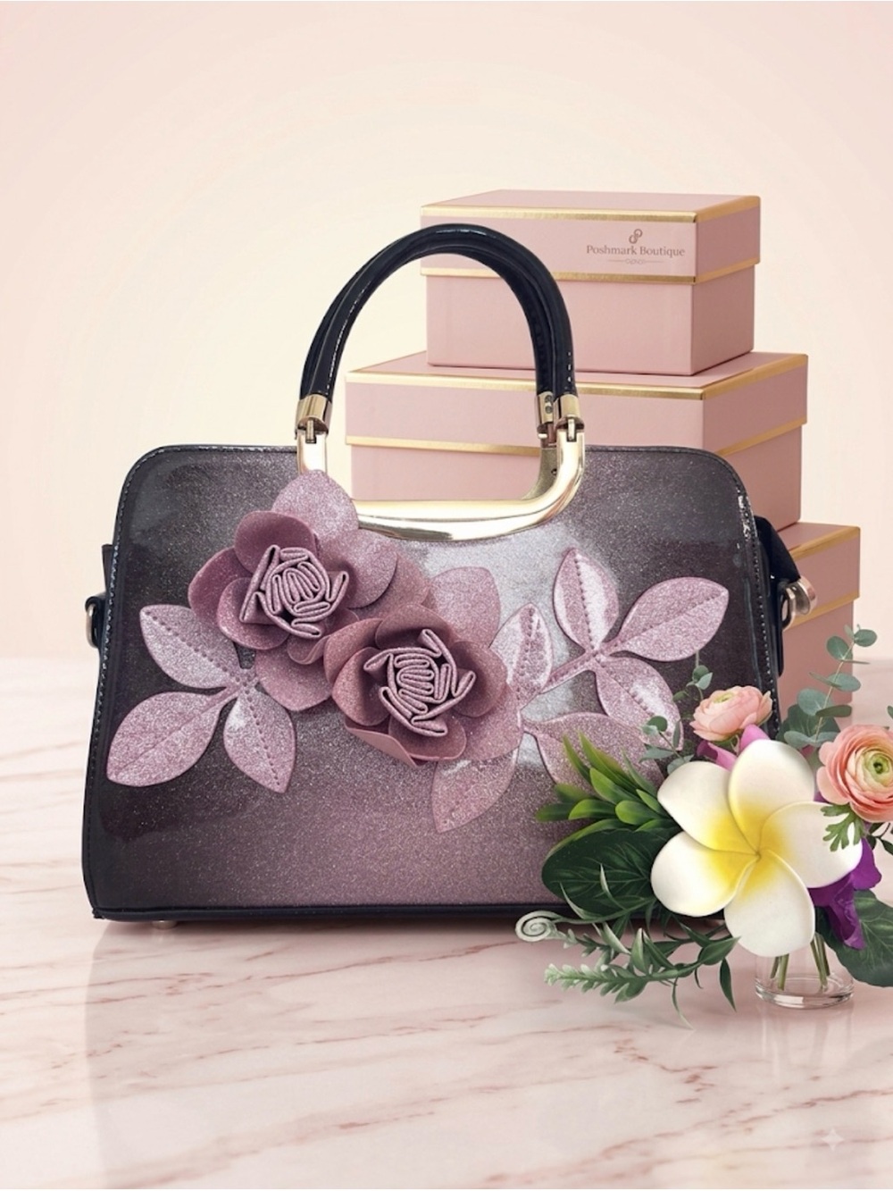 M LAMSED Plum and Pink Floral Appliqué Top-Handle Bag w/Gold Hardware Elegance